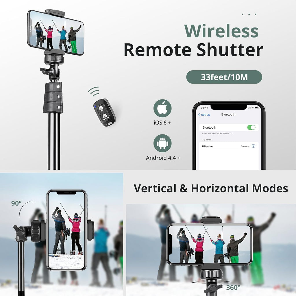 72" Phone Tripod, Extendable Cell Phone Tripod Stand, Selfie Stick with Wireless Remote and Phone Holder, Compatible with Iphone Android Phone, Camera